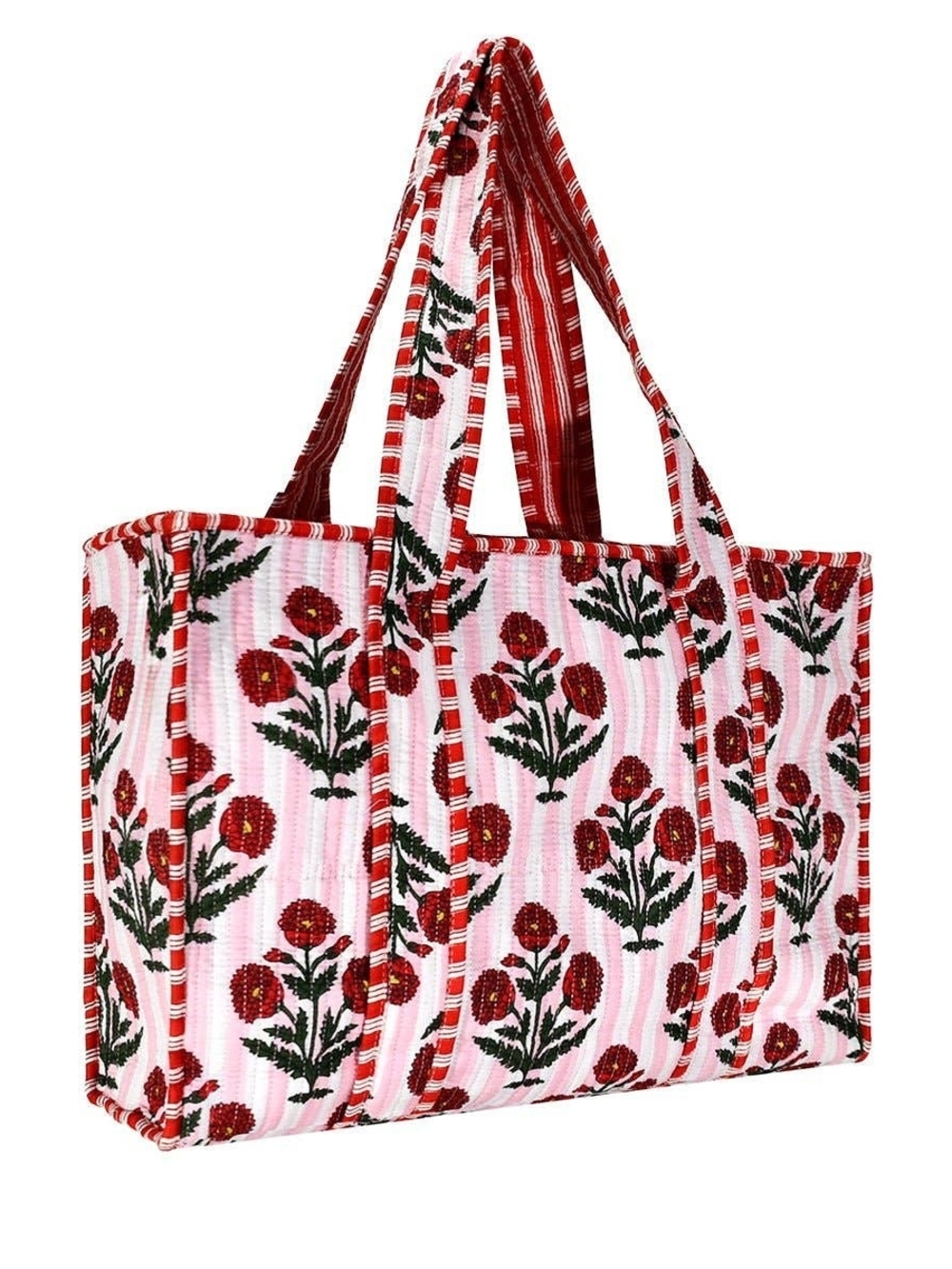 Pink Floral Quilted Tote Bag with Red Flowers